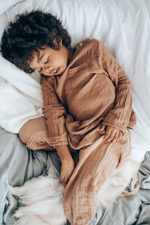 Free Adorable little black girl in pajama lying on soft pillow in bed and caressing cute Pomeranian Spitz dog Stock Photo