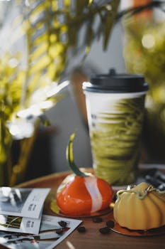 Chic display of coffee and gourmet pastries with leafy backdrop, perfect for lifestyle imagery.