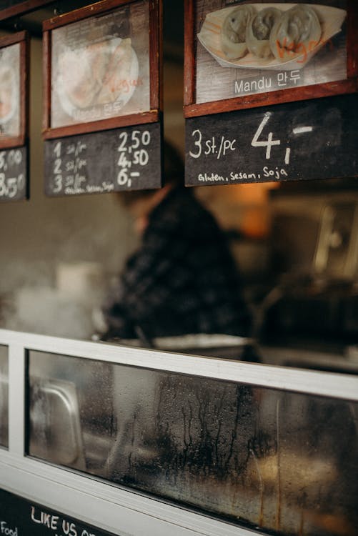 Free Close-up of a Korean food stall menu showcasing mandu price listings in an urban street market. Stock Photo
