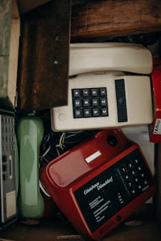 A collection of vintage telephones featuring dial pads in a box, showcasing retro technology.