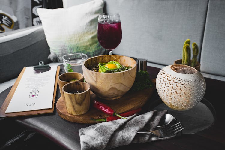 Healthy Eastern Food With Drinks On Table Of Contemporary Cafe