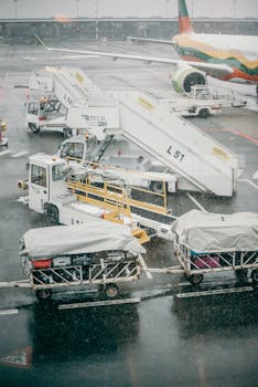 Rainy day at airport showcasing airplane, luggage carts, and stair trucks.
