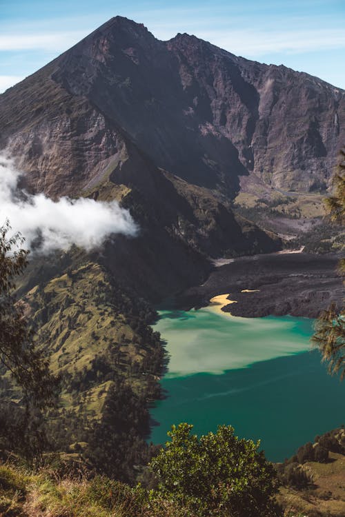 Rocky mountain peak and lake against blue sky