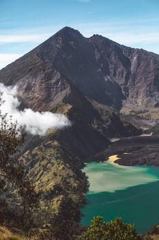 晴天，粗糙的地层环绕着林贾尼活火山和火山口湖，构成令人惊叹的景观
