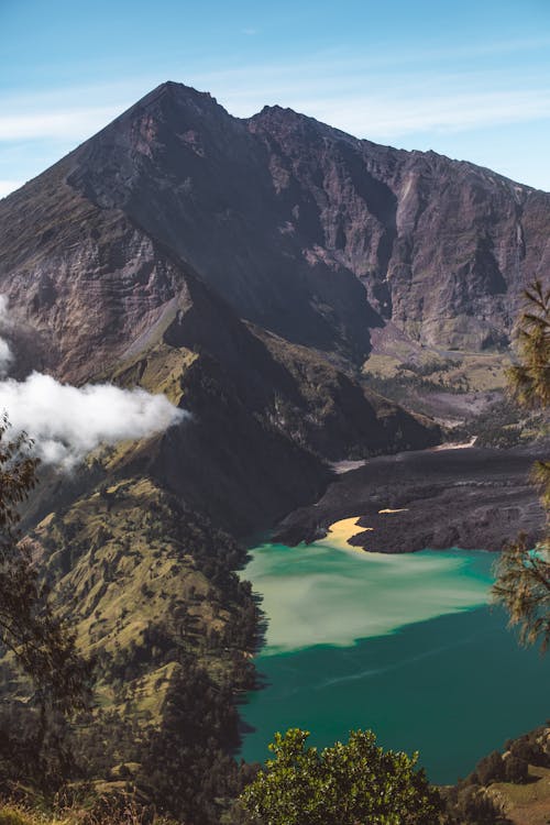 Majestic rocky terrain with mountain lake