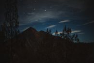 星光灿烂的宁静夜晚，遥远的山峰在多云的暗色天空衬托下，呈现出戏剧性的剪影