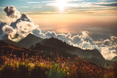 Breathtaking view of unlimited sunset sky with clouds and bright rays of sun falling on hilly terrain and illuminating trees and grass