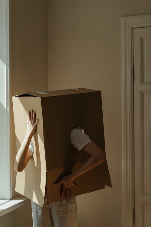 Person in White T-shirt in Brown Cardboard Box