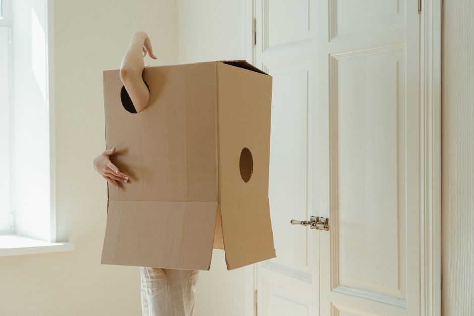 investor relations best practices for growing companies - A person playfully poses inside a large cardboard box in a brightly lit room.