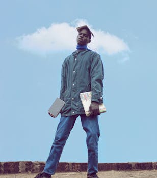 一名手持书籍的肯尼亚男子肖像，背景是多云的天空，象征着教育