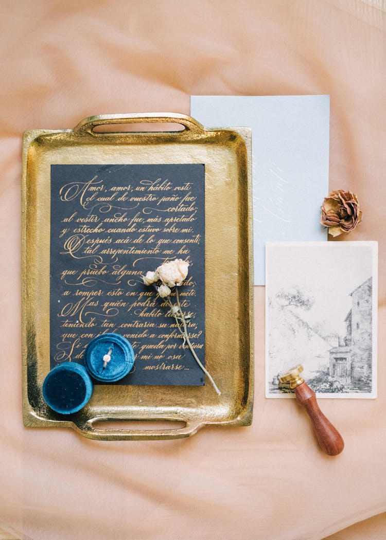 Dried Rose On Gold Tray 