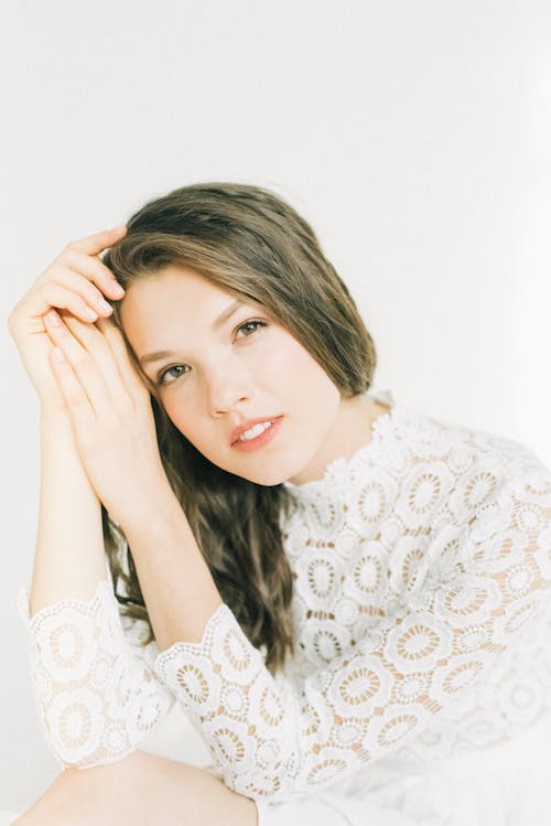 Woman in White Lace Long Sleeve Shirt