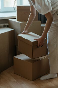 A woman packing cardboard boxes in her new apartment, symbolizing moving and relocation.