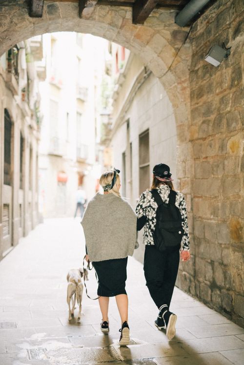 Free Back view of a couple walking their dog in a historic European street. Stock Photo