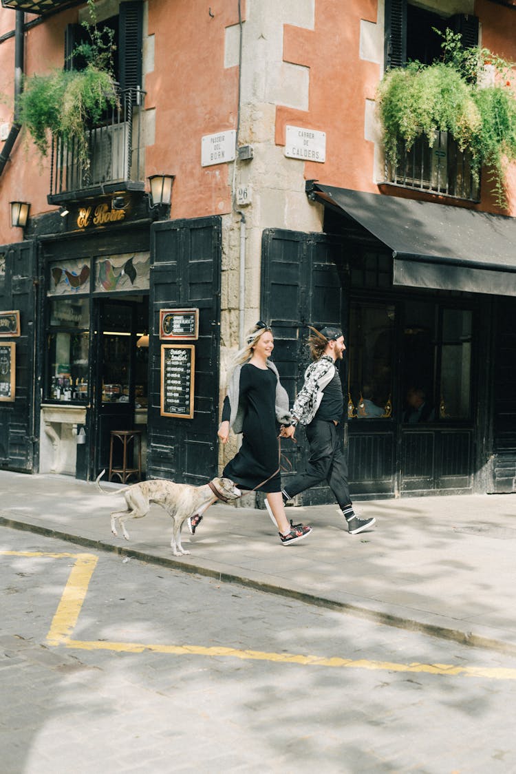 A Couple Walking On The Street With A Dog