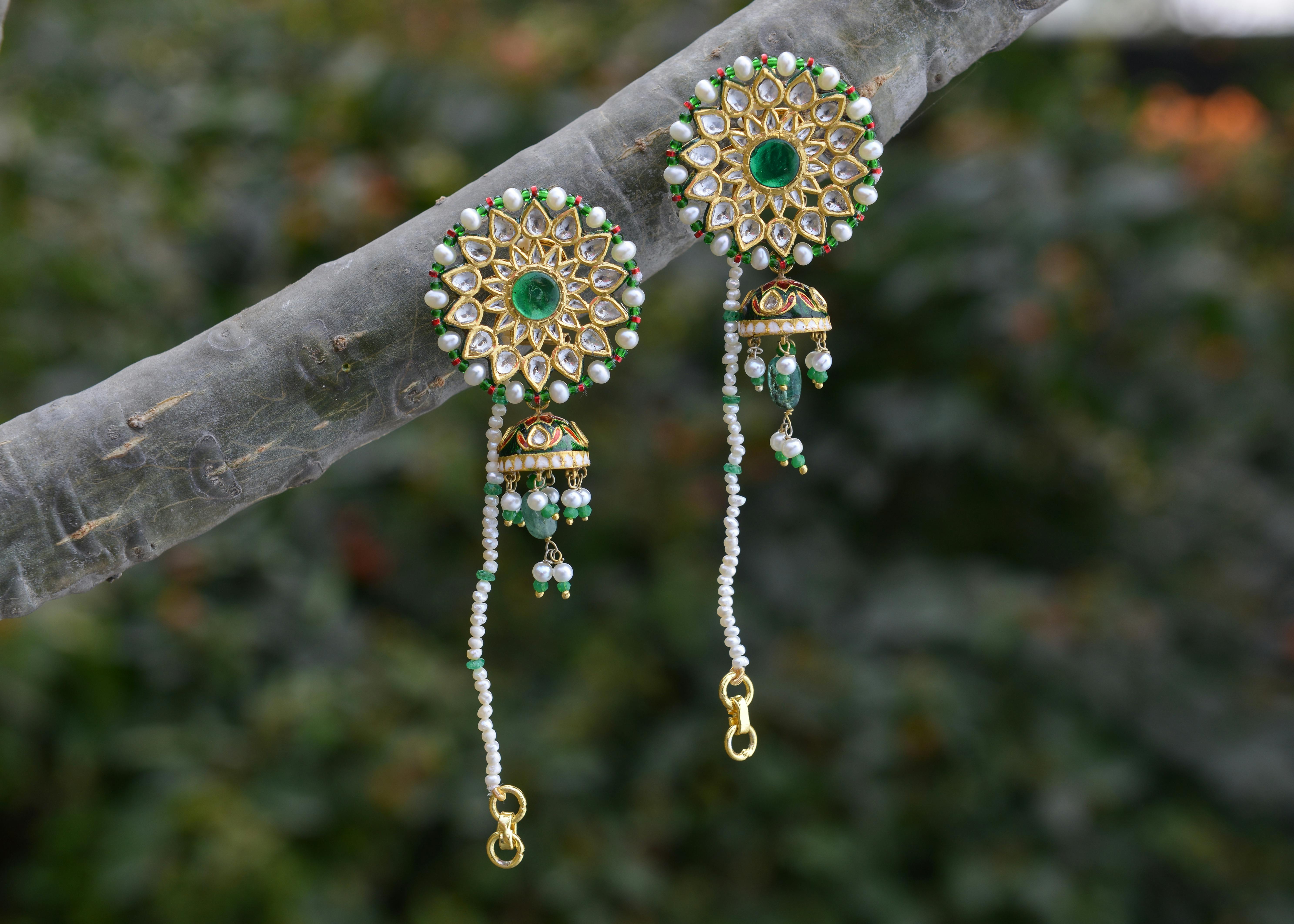 stylish earrings hanging on tree branch