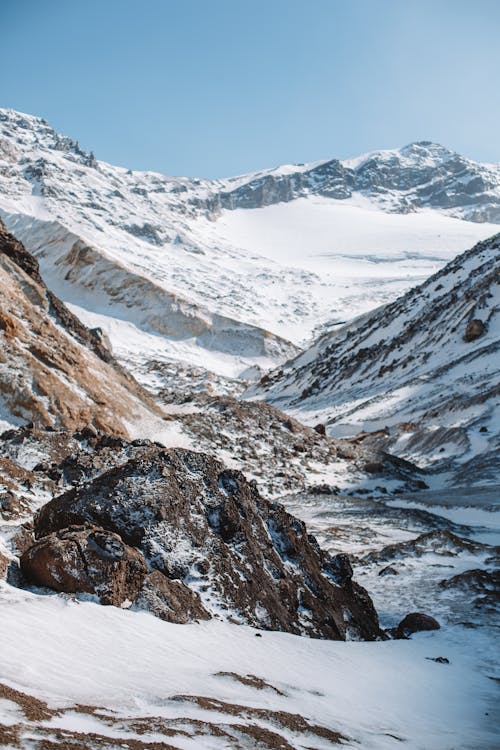 Snowy mountainous terrain on sunny day