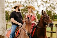Cheerful couple riding horses near fence on grassy field in summer day and looking at each other with toothy smile