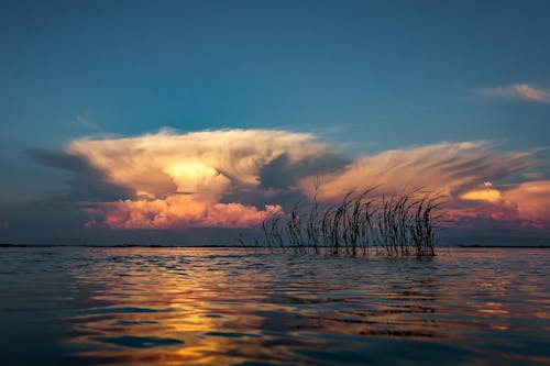 Evening sky over calm lake water
