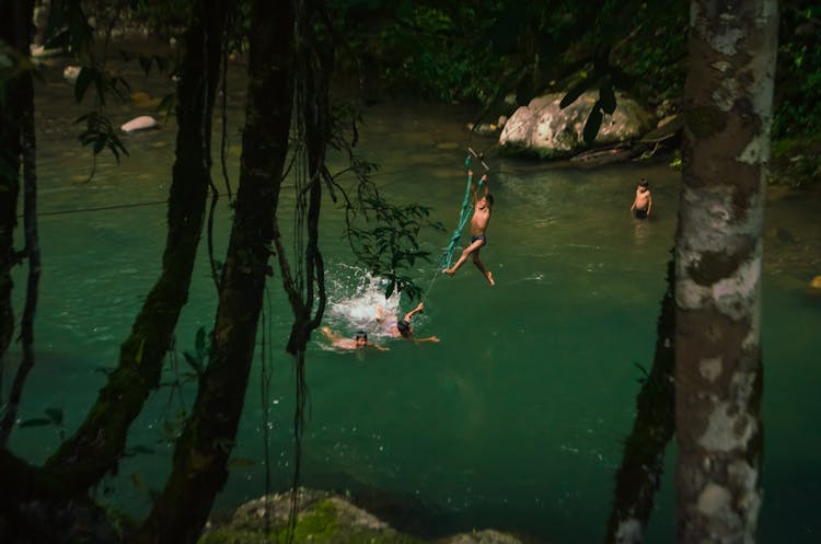 Anonymous Children Jumping Into Lake Water In Forest