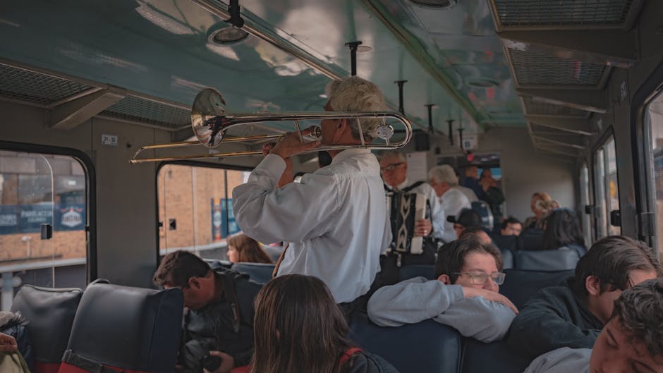 Street musicians playing trombone and accordion inside a commuter train.