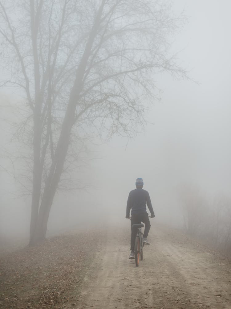 Unrecognizable Man Riding Bicycle In Foggy Park