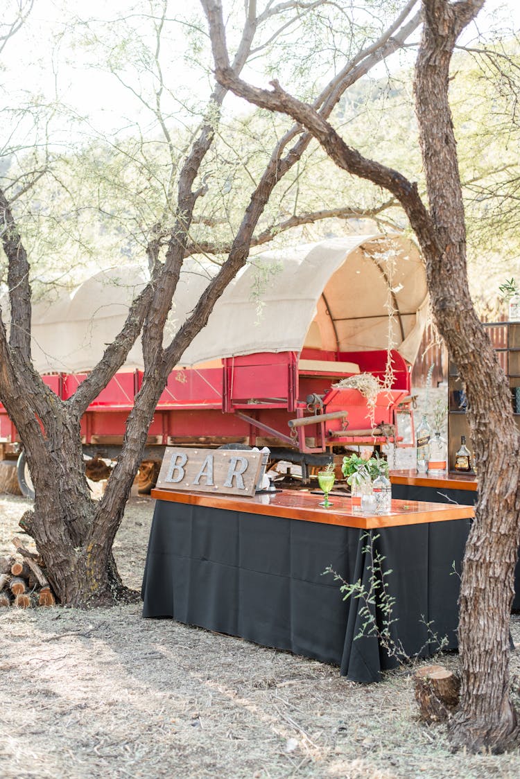 Tables And Covered Wagon In Sunlit Garden