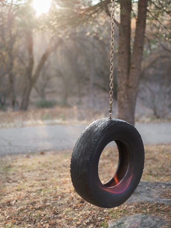 Free Empty homemade tyre swing hanging on chain in quiet suburban street on sunny day in autumn Stock Photo
