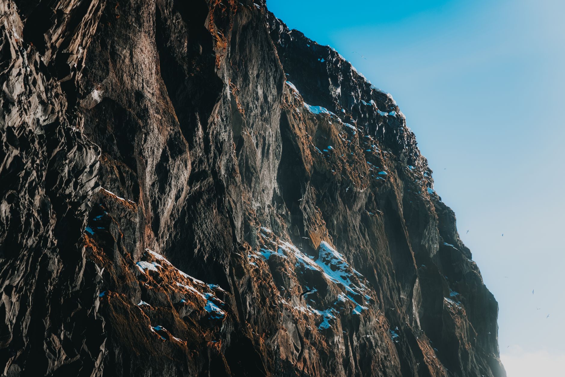 Picturesque view of light blue cloudless sky above majestic dark brown steep mountain covered with snow in daylight