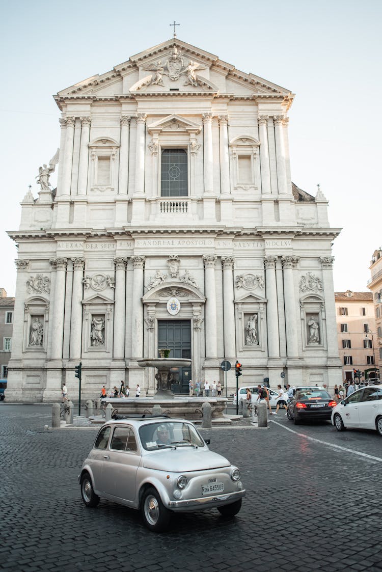 Basilica Sant Andrea Della Valle On Cobblestone Square In Rome