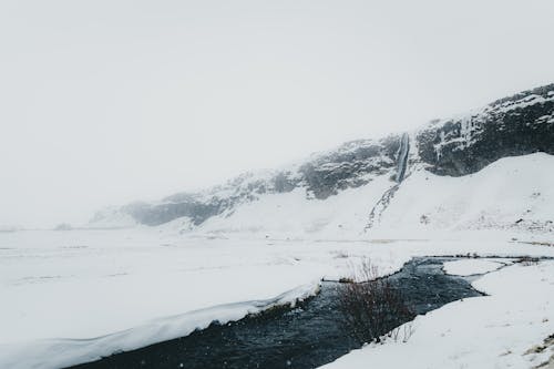 Frozen river amidst snowy mountains