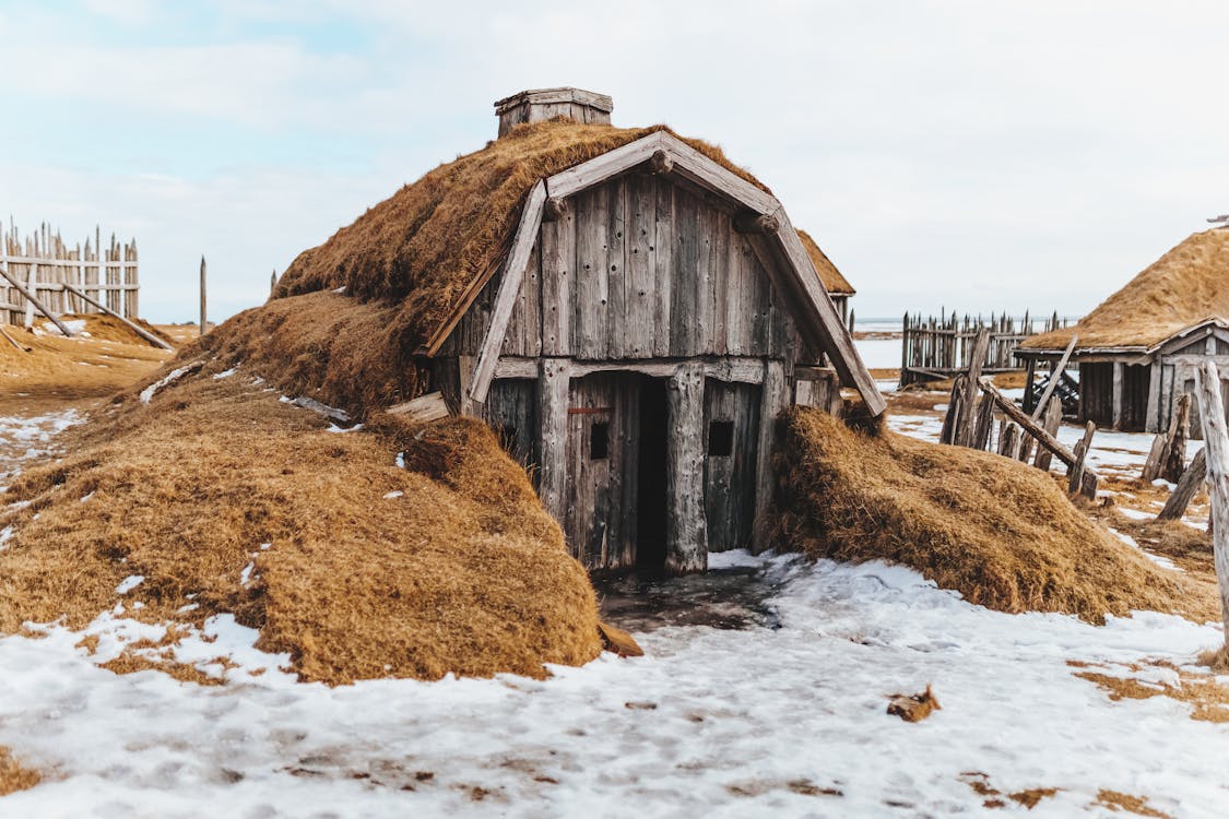 Free Shabby wooden house with grass covered roof in snowy terrain with forgotten village Stock Photo