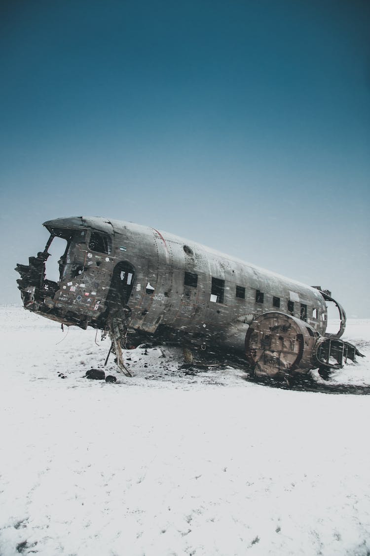 Ruined Plane After Accident On Snowy Terrain