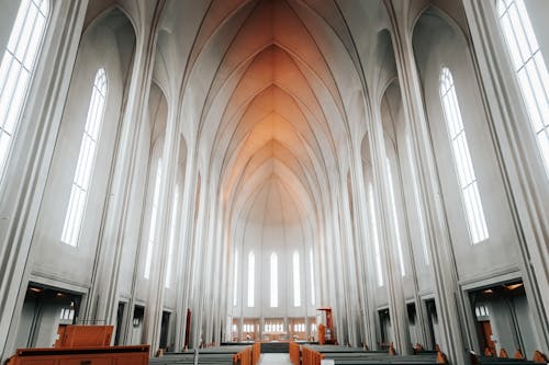 From below of aged masonry Gothic style cathedral interior with arched vaults above pew rows