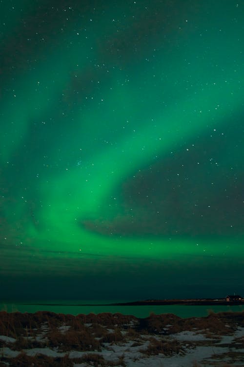 Sea and rough shore under northern lights in winter