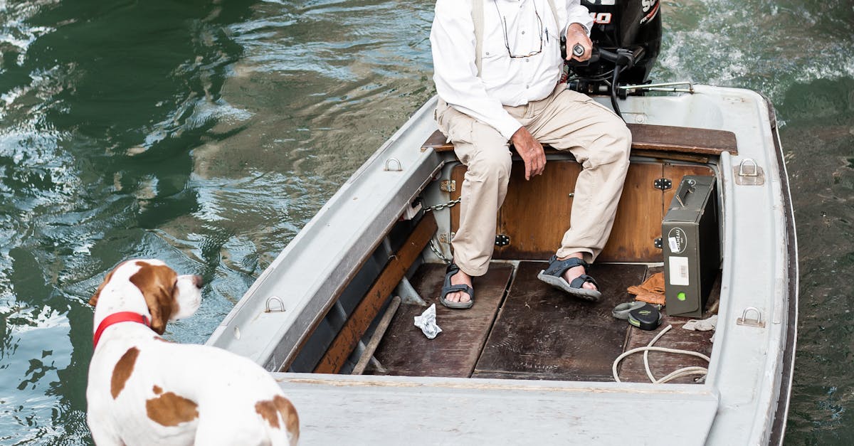 Gondolier with cute dog floating on canal