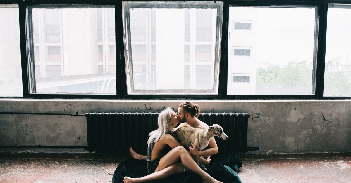 A couple seated on a wooden floor, embracing with a dog in a modern loft apartment.