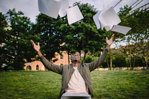 Free Happy young African American male student in casual outfit tossing university papers in air while having fun in green park after successfully completing academic assignments Stock Photo