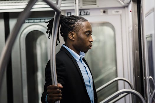 A stylish young man stands in a subway train, commuting through the city.