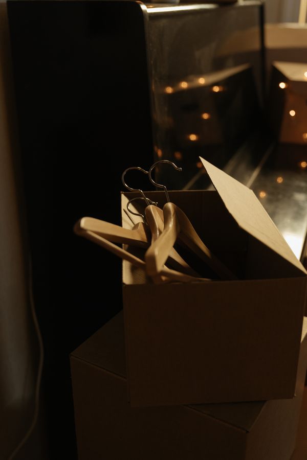 Wardrobe moving box with clothes on hangers