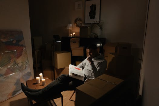 A man sits reading with candlelight in a room filled with moving boxes, evoking a mood of calm amidst change.