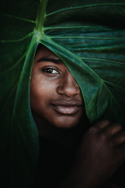 Free Pensive young African American person covering eye and head with big green leaf and looking away Stock Photo