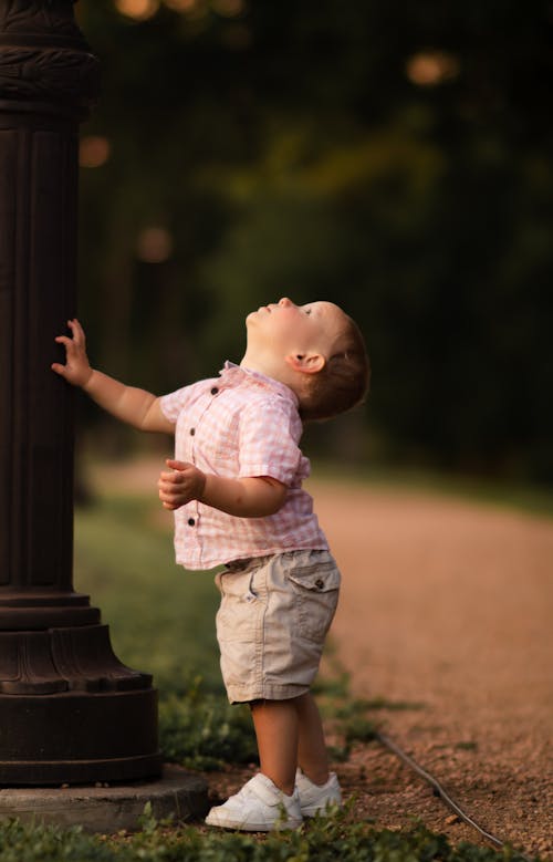 A Toddler Looking Up at a Post