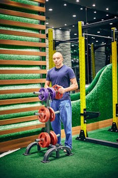 Bald man in blue shirt organizing colorful weights in an indoor gym setting.