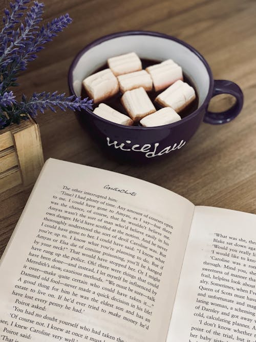 Mug of yummy drink with marshmallows arranged on table with textbook