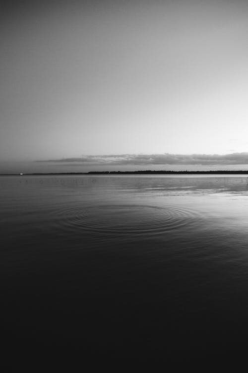 Black and white water of lake with round rings on peaceful surface at sunset