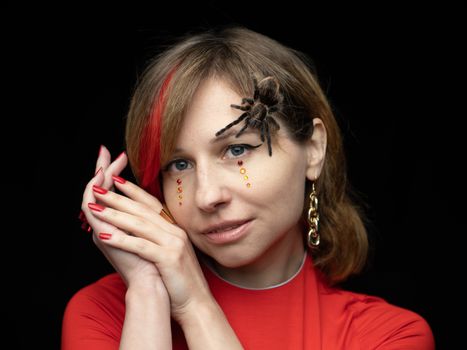 Brave female with spider on face