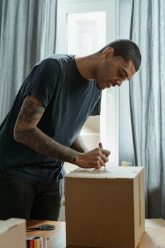 Man labeling a cardboard box while moving into a new home, signifying relocation and new beginnings.