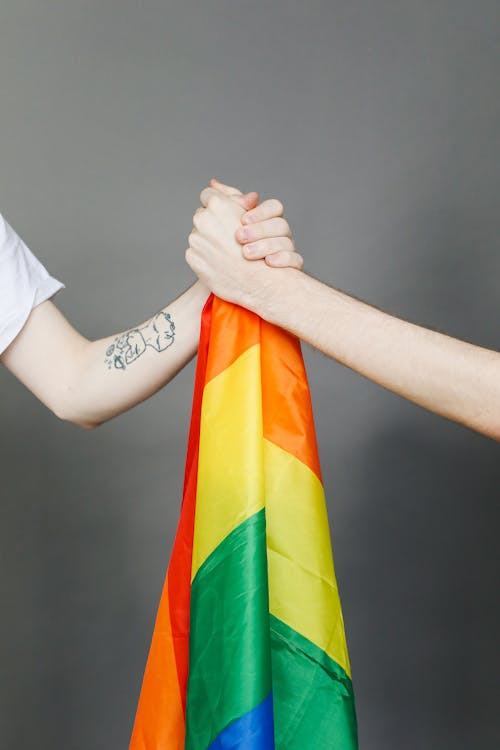 People Holding Hands and a Rainbow Flag