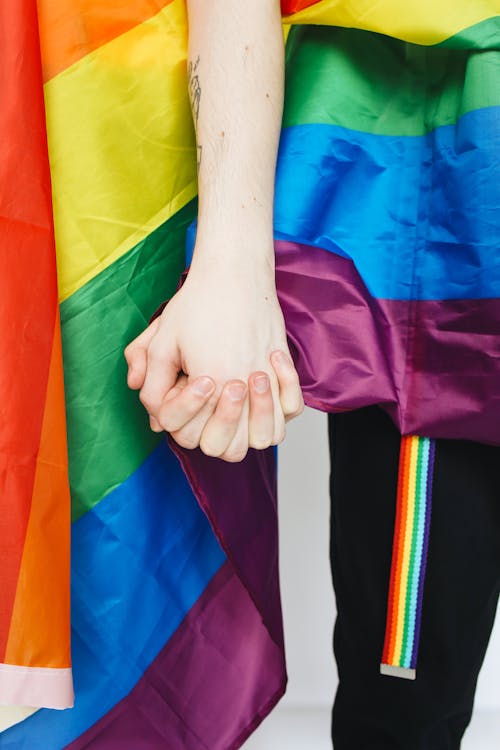 Free People With a Gay Pride Flag Holfing Hands Stock Photo